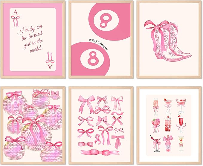 ASTRDECOR Pink Coquette Trendy Preppy Wall Art Prints Set of 6, Preppy Room Decor, Pink Bow Lucky 8 Ball Disco Wall Decor Posters, Coquette Room Decor Aesthetic for Girls Bedroom Dorm, 8x10 Unframed