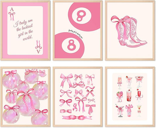 ASTRDECOR Pink Coquette Trendy Preppy Wall Art Prints Set of 6, Preppy Room Decor, Pink Bow Lucky 8 Ball Disco Wall Decor Posters, Coquette Room Decor Aesthetic for Girls Bedroom Dorm, 8x10 Unframed