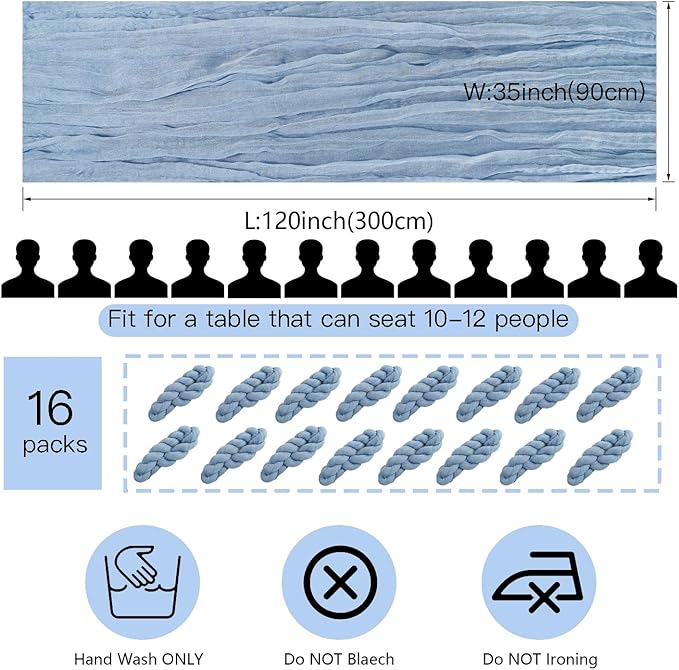 16 Pack Cheesecloth Table Runner, 35x120 Inch Boho Gauze Table Runners, Cheese Cloth Long Table Runner Elegant Table Runners for Party Wedding Bridal Shower Table Decor (Blue)