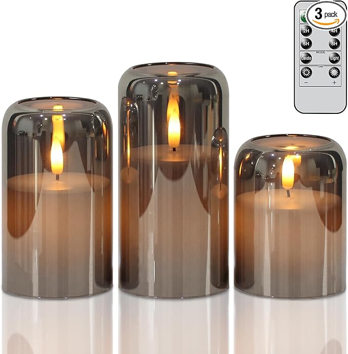 GenSwin Glass LED Candles with Remote Timer, Black Flameless Candles Battery Operated with Flickering Flame, Glass and Real Wax Pillar Candle for Halloween Christmas Home Decor(Set of 3, D3”x4”5”6”)