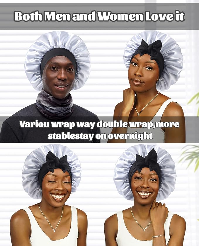 Satin Bonnet Silk Bonnet for Sleeping Silk Sleep Cap Double Layer Hair Bonnet with Elastic Tie Band for Curly Hair Night Cap(Black+Silver Gray)
