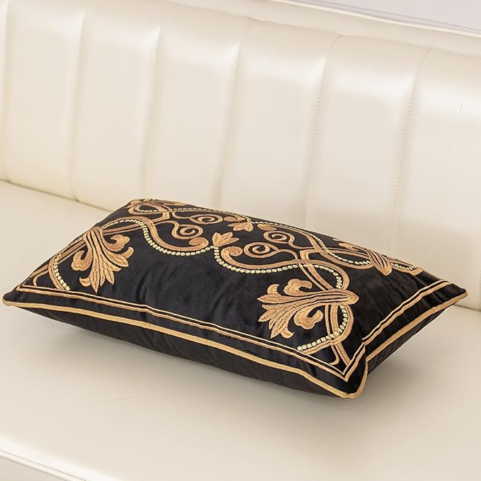 Aeckself European Floral Pillow Cover 12x20 Inch, Luxury Velvet Embroidered Decorative Lumbar Throw Pillow Cover for Couch Bedroom Living Room, Black and Gold