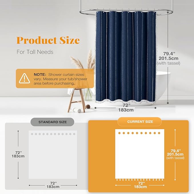 BTTN 78 Inch Long Shower Curtain - Boho Farmhouse Linen Thick Striped Fabric Shower Curtain Set with Plastic Hooks, Tall Rustic Country Luxury Cloth Shower Curtains for Bathroom - Navy Blue - 72x78