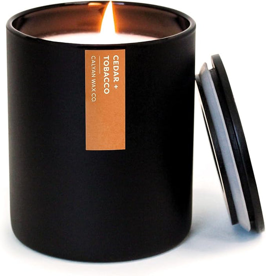 Calyan Wax Co. Soy Wax Candle, Cedar + Tobacco Scented Candle, 75 Hour Burn Time, Aromatherapy Soy Candles, Non Toxic & Vegan Soy Wax, Black Tumbler Scented Candles, 13oz
