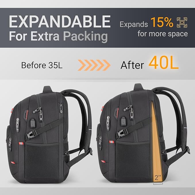 40L Expandable Laptop Backpack, Anti-thief Travel Backpack with USB Charging Port, Airline Approved Business Waterproof Carry on Luggage, Fits 15.6" Laptop for Men Women