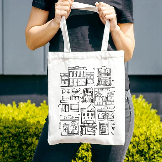 Aesthetic Tote Bag Vintage Street House Building Tote Bag Cute Cotton Canvas Bag for Women Gift Bag Reusable Grocery Bag Shopping Beach Shoulder Bag
