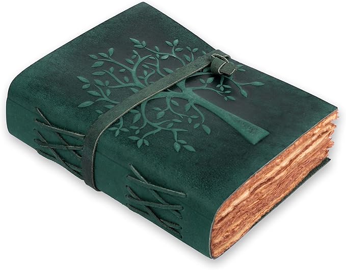 LEATHER VILLAGE Tree of Life Journal - 8"X6" (A5) inches - Turquoise - 200 Antique Deckle Edge Handmade Paper – Book of Shadows - Vintage Leather Bound Journal for Women & Men