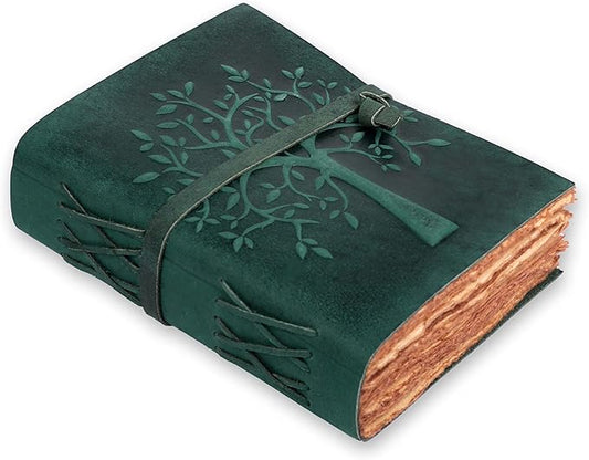 LEATHER VILLAGE Tree of Life Journal - 13 X 8 inches - Turquoise - 200 Antique Deckle Edge Handmade Paper – Book of Shadows - Vintage Leather Bound Journal for Women & Men