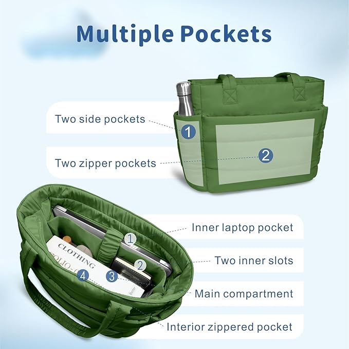 TOPDesign Puffer Tote Bag for Women, Lightweight Puffy Handbag with Compartments, Quilted Shoulder Bag for Work, Travel, Gym