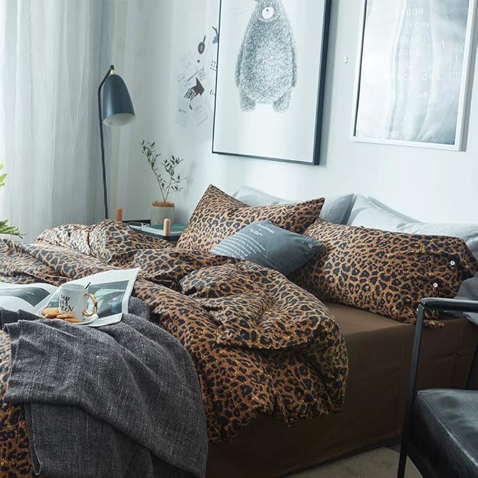 mixinni Leopard Print Duvet Cover King Size Long Staple Cotton Bedding Set with Zipper Closure Ties, Perfect for Man and Woman, Ultra Soft and Easy Care (3pcs, King Size)