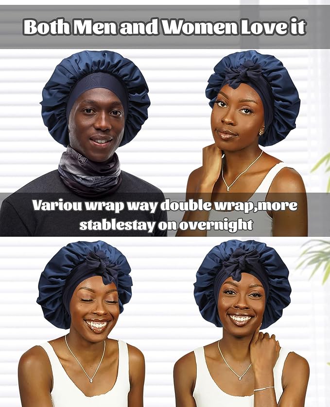 Satin Bonnet Silk Bonnet for Sleeping Silk Sleep Cap Double Layer Hair Bonnet with Elastic Tie Band for Curly Hair Night Cap (Navy Blue + Light Blue)