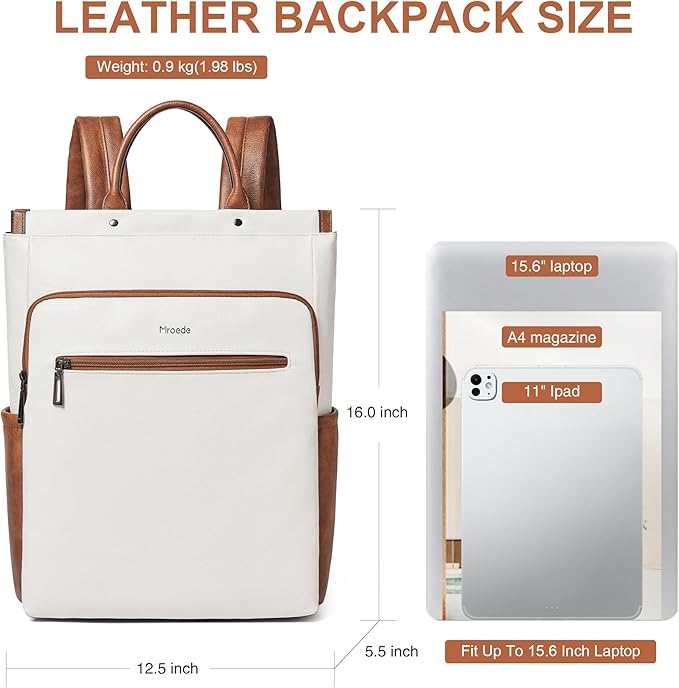 Leather Laptop Backpack for Women, Travel Backpack Purse Fits 15.6 Inch Laptop, Casual Daypack with Laptop Compartment for Teachers College Work Business Nurse Weekender, Beige Brown