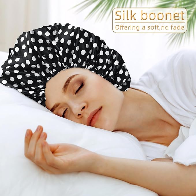 Satin Bonnet Silk Bonnet Hair Bonnet for Sleeping-Slouchy Beanie Hat Satin Sleep Cap for Women's Natural & Curly Hair(Dots)