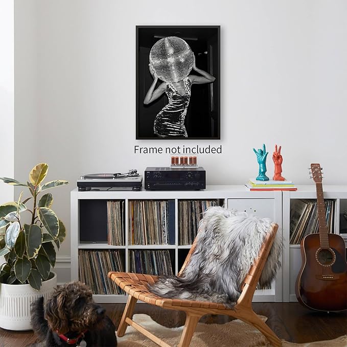 Sufeasdf Vintage Funky Y2k Hot Girl Poster Black and White Disco Ball Canvas Wall Art Trendy Preppy Bar Cart Decor for Living Room Dorm 24x36 inch Unframed