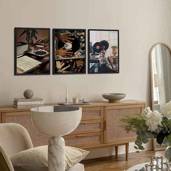 YFvrPt Black Woman Wall Art Set of 3, Fashion African American Women Wall Decor Trendy Abstract Girl Canvas Prints Aesthetic Pictures for Bedroom Living Room 16x24 inch Black Framed