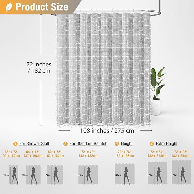 BTTN Extra Wide Shower Curtain - 108x72 Inch Boho Farmhouse Fabric Weighted Linen Shower Curtain Set with 18 Hooks, Large Country Hotel Neutral Waterproof Cloth Shower Curtains for Bathroom, Grey/Gray
