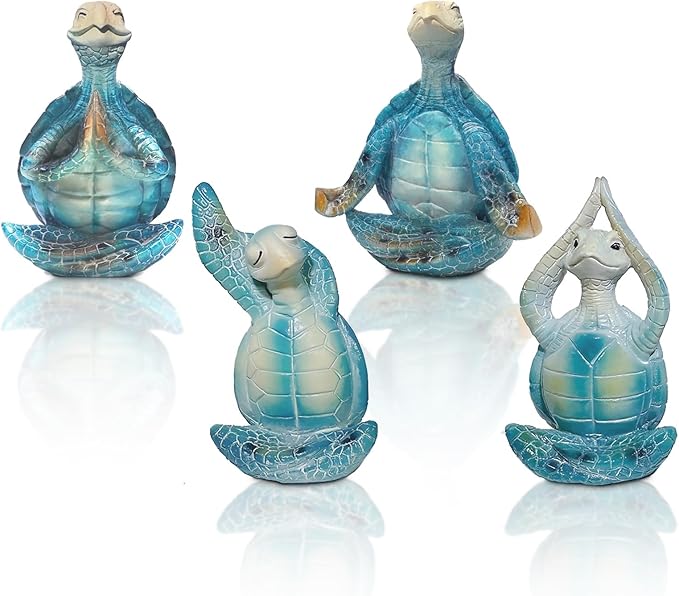4PCS Yoga Sea Turtle Figurines,Meditation Zen Statue Decor Set for Bathroom Office Desk Table Shelf Ornament Beach Theme Gifts for Women Turtle Lovers Ocean Animal Resin Sculptures Decoration