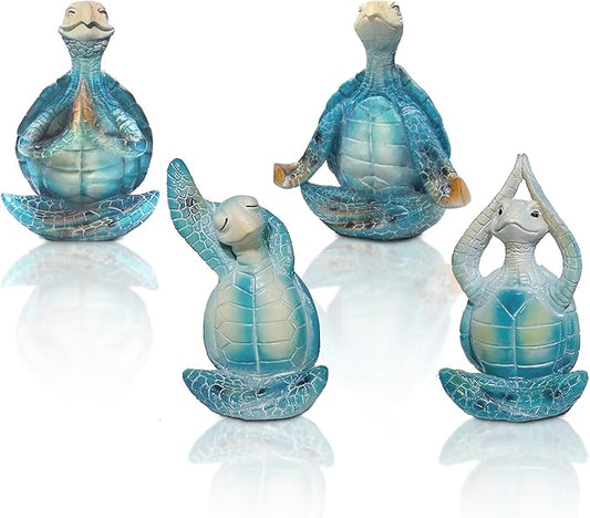 4PCS Yoga Sea Turtle Figurines,Meditation Zen Statue Decor Set for Bathroom Office Desk Table Shelf Ornament Beach Theme Gifts for Women Turtle Lovers Ocean Animal Resin Sculptures Decoration