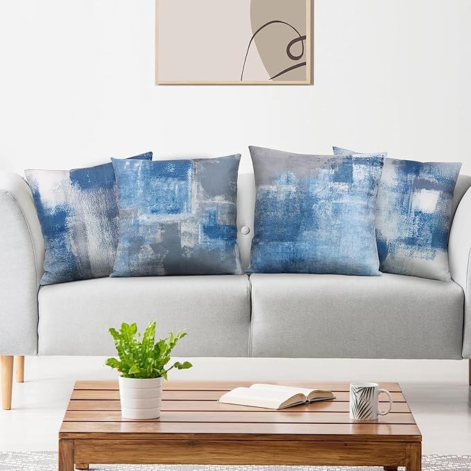 Set of 4 Blue and Grey Abstract Art Artwork Pillow Cover 20 x 20 Inch, Gallery Modern Decorative Throw Pillows Cushion Cover for Bedroom Sofa Living Room