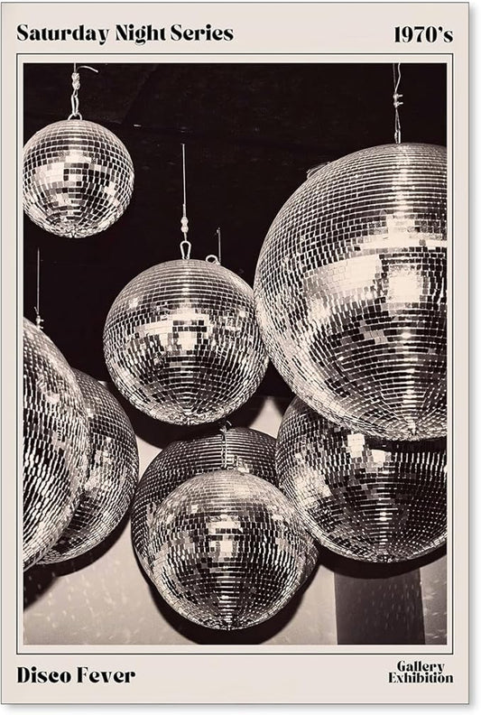 Sufeasdf 70s Disco Ball Newspaper Wall Art Vintage Black and White Art Posters Funky Aesthetic Canvas Prints Retro Bar Cart Decor for Bar Bedroom 16x24 inch Unframed