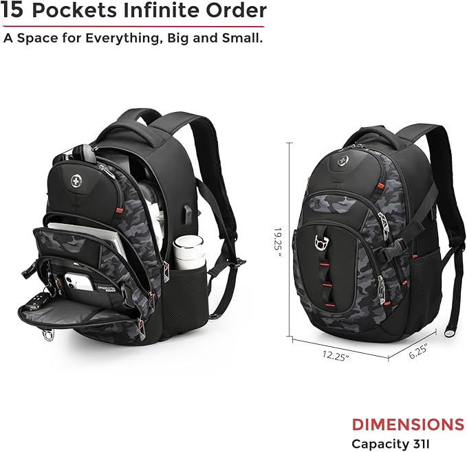 Swissdigital Design Laptop Backpack with USB Charging Port, Travel Backpack Fits 15.6 inches Computer, 31L College School Backpack for Men, Gray Camo | SD803