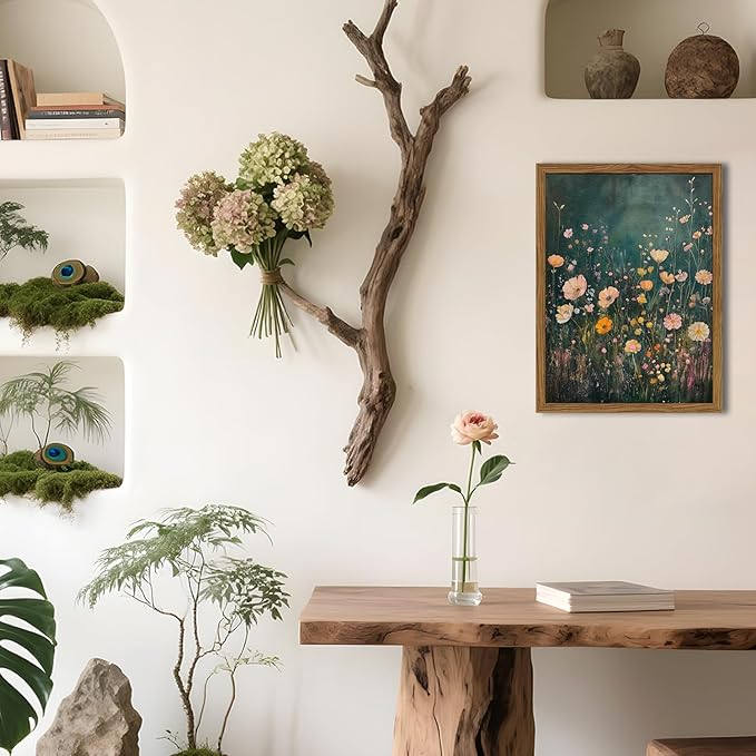 Framed 3D Textured Vintage Wildflower Wall Art, Green Flower Wall Decor Painting, Hand Drawn Sandstone Farmhouse Botanical Landscape Pictures Artwork for Living Room Bedroom 12x16 inch Wood Frame