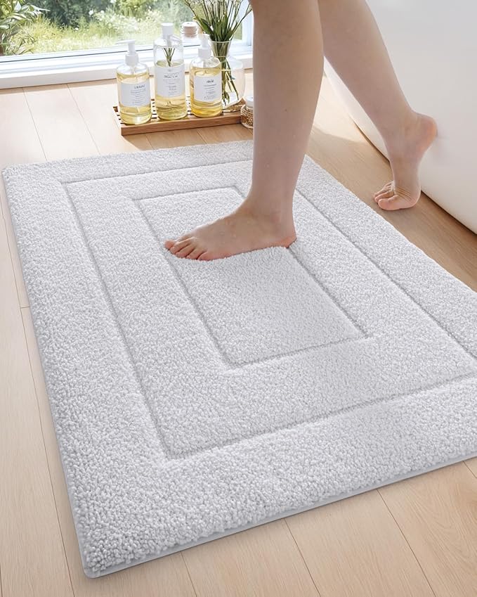 DEXI Bathroom Rug 24x16, Non Slip Washable Bath Mat for Shower Floor, Absorbent Soft Bathmat with Rubber Backing, Quick Dry Microfiber Carpet, White
