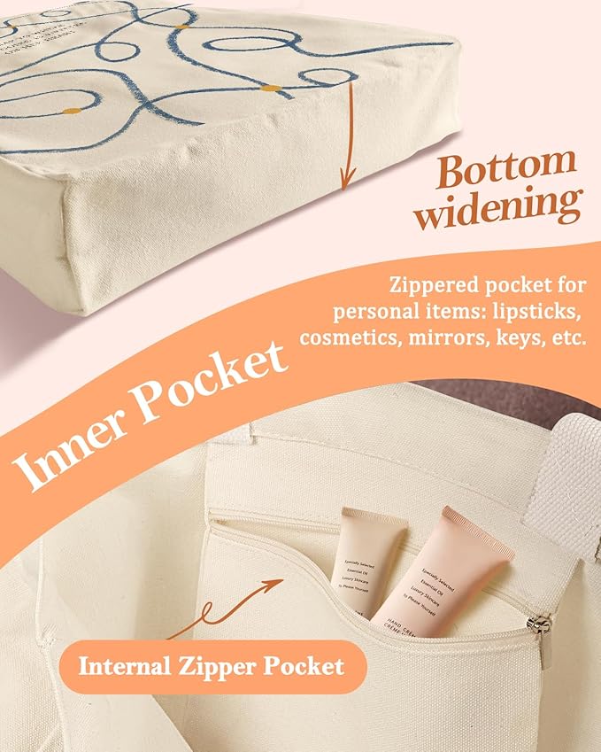 Aesthetic Heavy Canvas Tote Bag with Pocket for Women, Cloth Gusseted Totes Bag with Pattern for Shopping