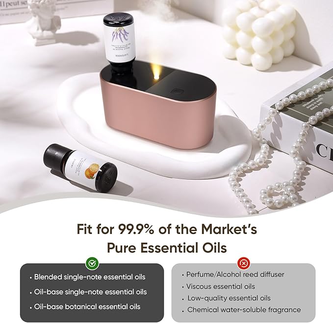 Waterless Diffuser for Essential Oil, Battery Operated Scent Air Aromatherapy Diffuser, Mini Aroma Diffusers with 3 Intermittent Mist Modes, Cycle Start for Home Office Bedroom - Rose Gold