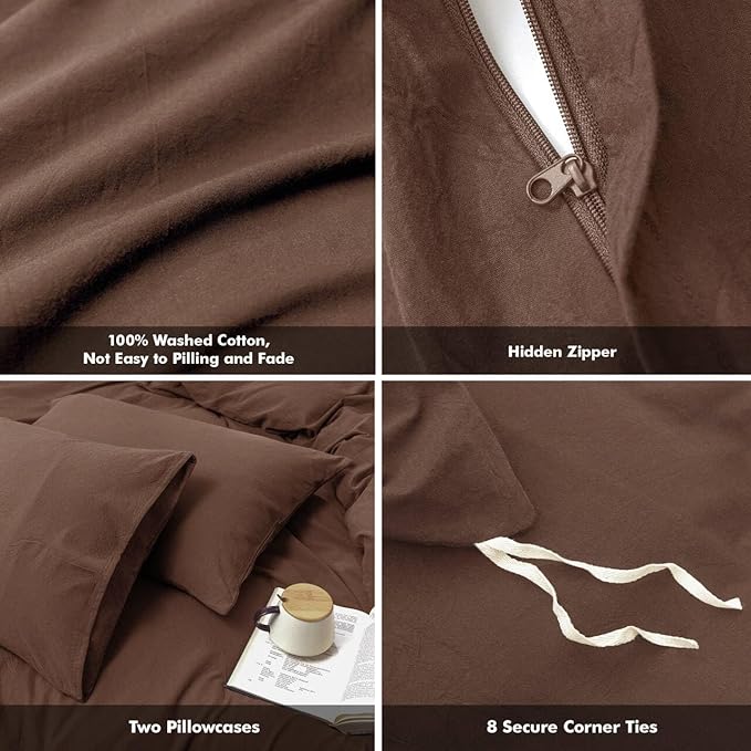 FOSSA Duvet Cover Set 100% Washed Cotton Linen Feel Super Soft Breathable Cozy 3 Pieces Bedding Sets Solid Cocoa Brown Queen