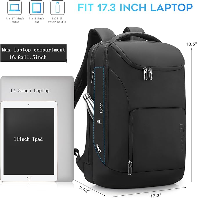 Anti Theft Business Backpack with TSA Lock, 30L Waterproof Laptop Backpacks with USB Charging Port Fits for 17.3 Inch Notebook for Men and Women, Black