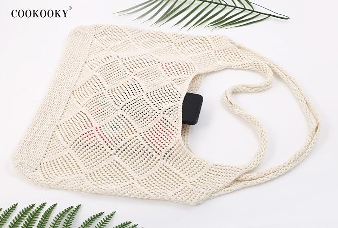 COOKOOKY Crochet Beach Tote bag Summer Beach Bag for Women Aesthetic Mesh Tote Bag Hippie Bag Knit Bag