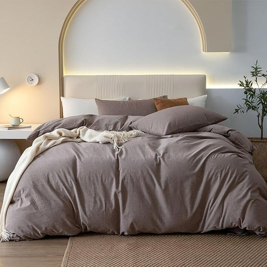 JIYUAN 100% Washed Cotton Duvet Cover Set 3 Pieces King, 1 Duvet Cover 104x90 Inches(Comforter Not Included) and 2 Pillowcases,Linen Feel Bedding Set Comfy and Breathable, Heathered Mauve Brown