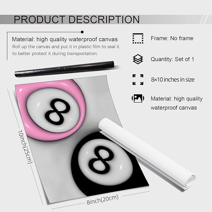 XSCQ Trendy Pink and Black 8 Billiards Balls Poster Retro Pool Ball Couple Wall Art Y2K Aesthetic Canvas Prints Preppy Room Wall Decor for Billiard Hall College Dorm 08x10 inch Unframed