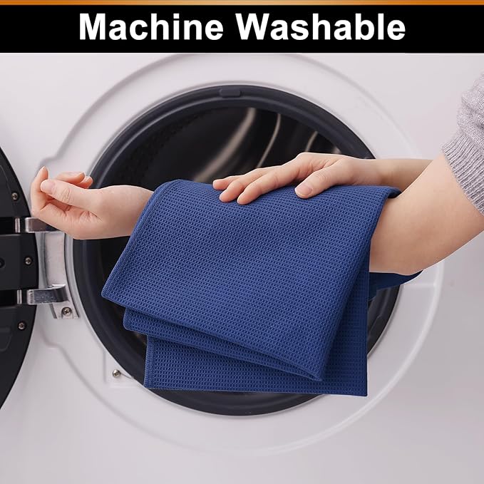Homaxy 100% Cotton Kitchen Towels and Dishcloths Set - 8 Pack Waffle Weave Soft and Absorbent Dish Towels - 26 X 16 Inch and 12 X 12 Inch - Navy Blue