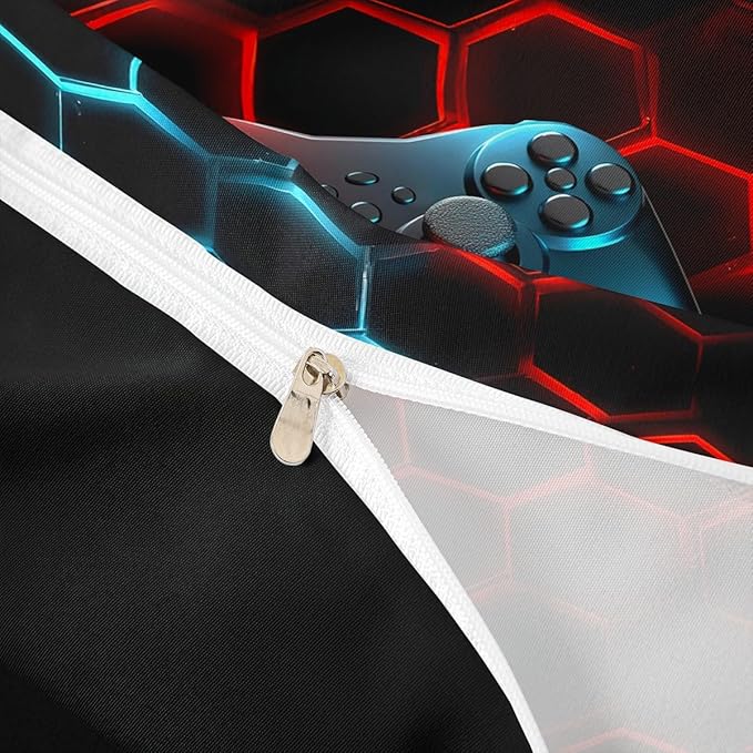 Castle Fairy Teen Boys Gamer Duvet Cover Queen Size for Game Room Decor,Modern Honeycomb and Gamepad Pattern Bedding Set,Fashion Gaming Theme Comforter Cover with 2 Pillowcases,Blue Red