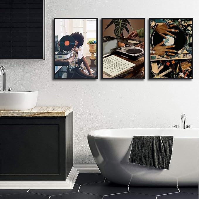 3Pcs Black Woman Art Poster African American Women Canvas Wall Art Funky Black Girl Record Music Posters prints for Modern Black Woman Bedroom Home Decoration 16x24in Unframed