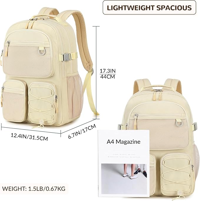 Lohol Water Resistant Backpack with Mulitiple Pockets for Travel Outdoor College, 15.6 inch Laptop Bookbag for Girl and Women (Beige)