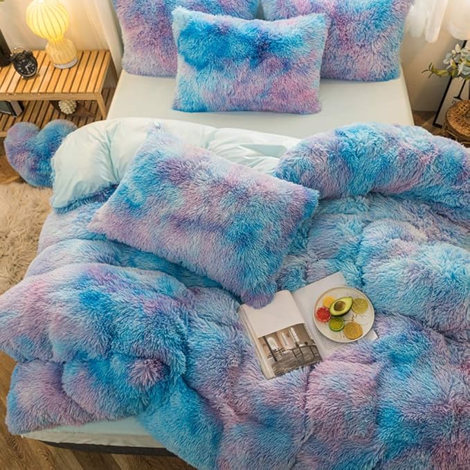 MorroMorn 5 PCS Plush Shaggy Duvet Cover Sets, Luxury Shag Fluffy Comforter Cover Fuzzy Bedding Set - Long Faux Fur Ultra Soft Cozy (Starry Sky, Full/Queen)