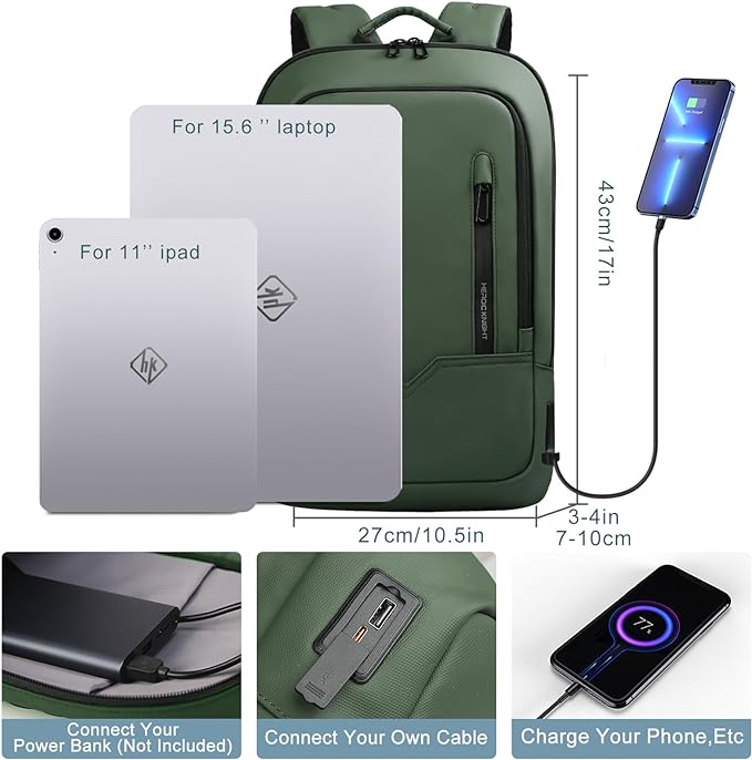 hk Backpack for Men Business Slim Backpack with USB Charger Computer Lightweight Anti-theft Travel (Green, 15.6 Inch)