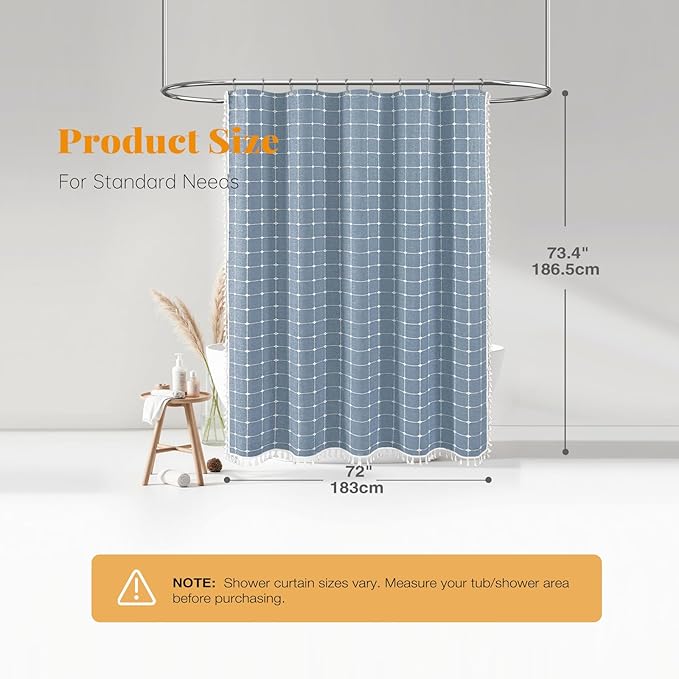 BTTN Boho Farmhouse Shower Curtain - Linen Rustic Heavy Duty Fabric Shower Curtain Set with Tassel, Water Repellent, Bohemian Vintage Country Thick Cloth Shower Curtains for Bathroom - Blue - 72x72