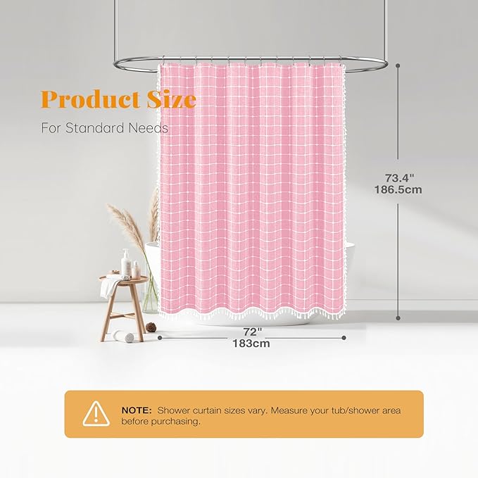 BTTN Boho Farmhouse Shower Curtain - Linen Rustic Heavy Duty Fabric Shower Curtain Set with Tassel, Water Repellent, Bohemian Vintage Country Thick Cloth Shower Curtains for Bathroom - Pink - 72x72