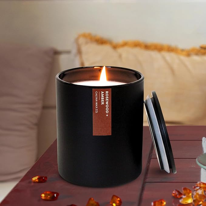 Calyan Wax Co. Soy Wax Candle, Rosewood + Amber Scented Candle, 75 Hour Burn Time, Aromatherapy Soy Candles, Non Toxic & Vegan Soy Wax, Black Tumbler Scented Candles, 13oz
