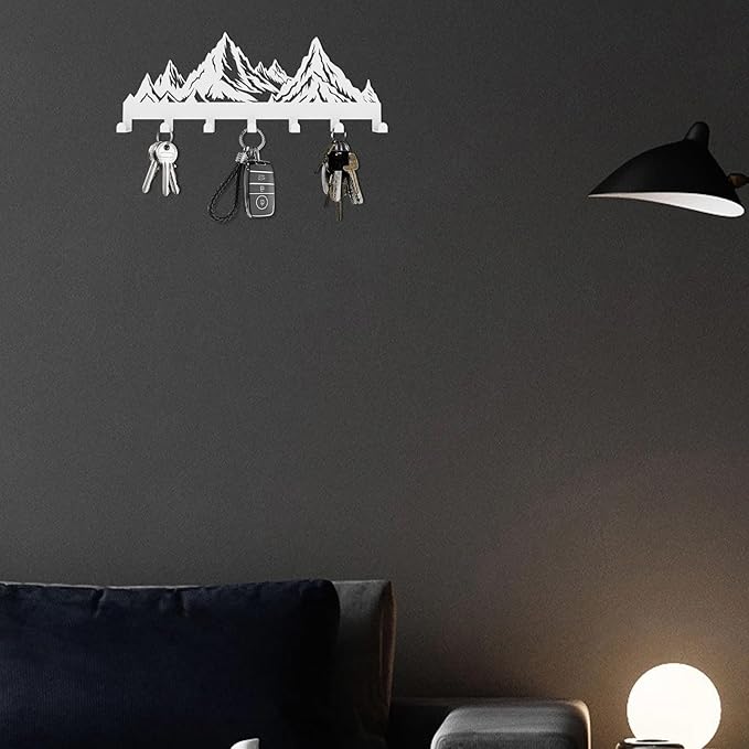 Key Holder Wall Mounted Key Hooks, White Metal Key Rack Hooks, Mountain Theme Wall Decoration Hooks, with 7 Hooks, Applicable to Front Doors, Lobby,Corridor, Offices (12 ")