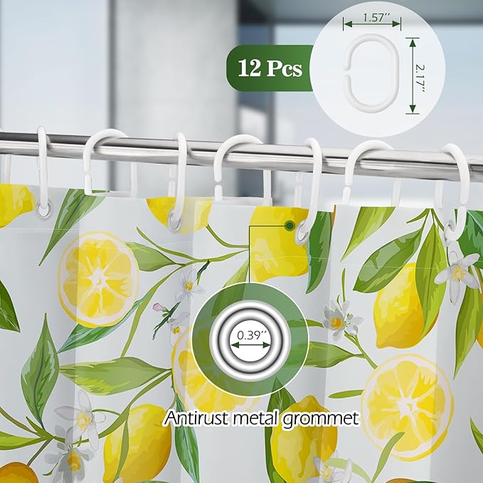 Aimego Lemon Fruit Shower Curtain - Yellow Lemon Green Leaves Plant Floral Modern Nature Fabric Cloth Bath Shower Curtain Set with 12 Hooks for Bathroom Decor Accessories, 72"x72"