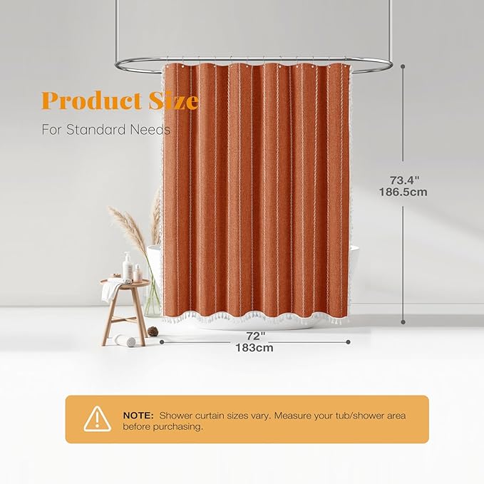 BTTN Boho Farmhouse Shower Curtain, Linen Rustic Weighted Striped Fabric Shower Curtain Set with Tassel, Water Repellent, Bohemian Vintage Country Shower Curtains for Bathroom, Burnt Orange, 72x72