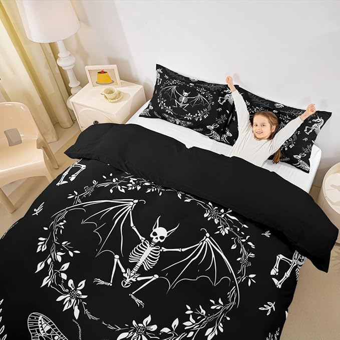 Castle Fairy Moth Animal Theme Duvet Cover Queen Size,Gothic Skull Boho Comforter Cover with 2 Pillowcase for Adults,Black and White Skeleton Decorative Soft Bedding Set,No Comforter