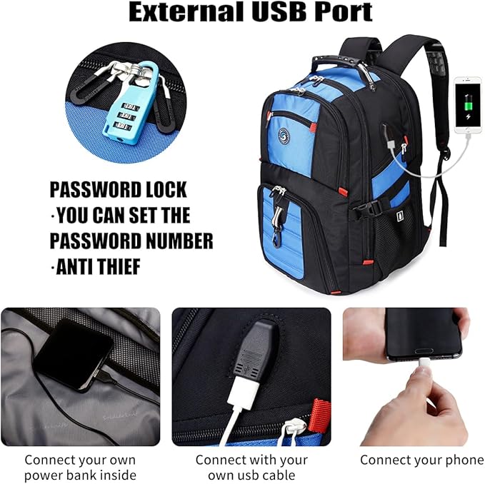 SHRRADOO Extra Large 50L Travel Laptop Backpack with USB Charging Port, College High School Backpack Airline Approved Business Work Bag Fits 17 Inch Computer for Men Women