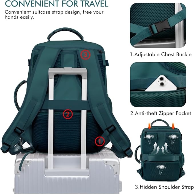 Beraliy Extra Large Travel Backpack for Women as Person Item Flight Approved, 40L Carry On Backpack, 17.3 Inch Laptop Backpack, Waterproof Backpack, Hiking Backpack, Casual Bag,Peacock Blue