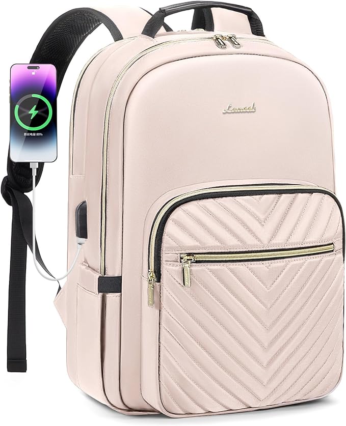 LOVEVOOK Laptop Backpack for Women 15.6 inch,Cute Womens Travel Purse,Professional Computer Bag,Waterproof Work Business College Teacher Bags Carry on with USB Port,Nude